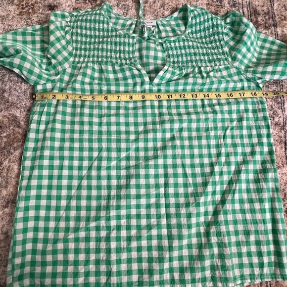 J. Crew Green Gingham Women's Top XXS Tie Neck Smocked Cotton Woven Casual Chic - Picture 16 of 16